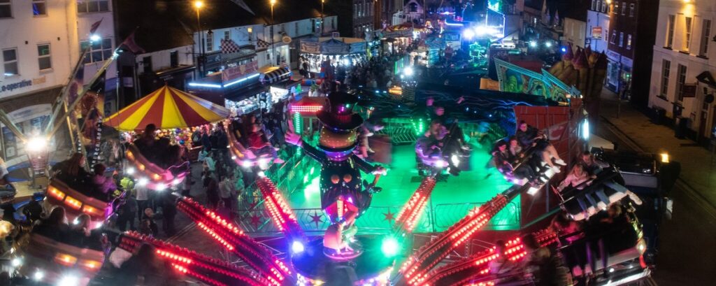 A birds-eye view of the Thame Fair at night